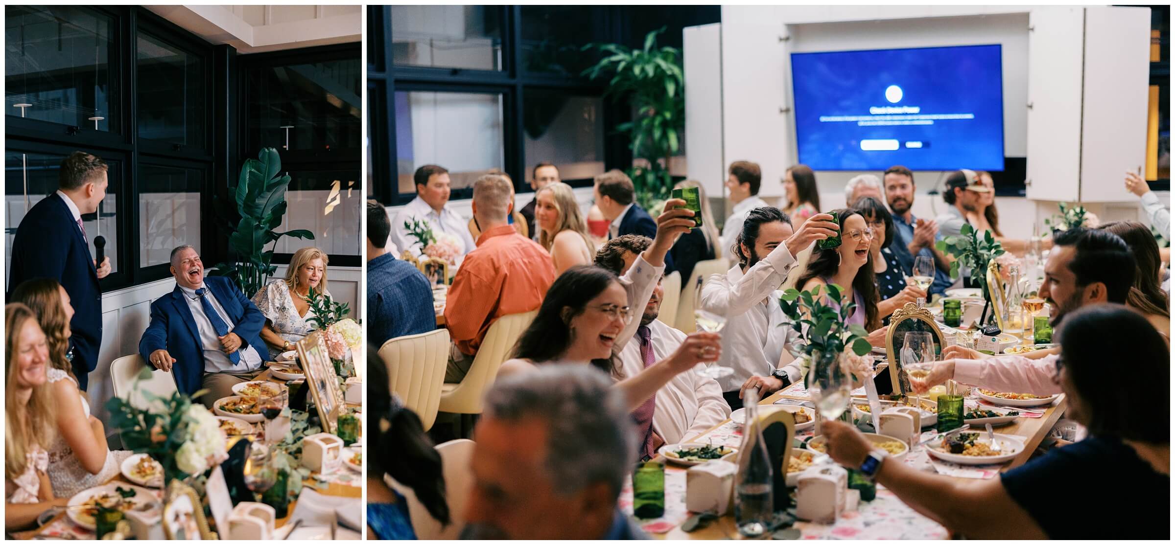 Maddie and Tucker celebrating with family during their rehearsal dinner at Sixty Vines in The Woodlands — photographed by Westy Peck, Houston wedding photographer.