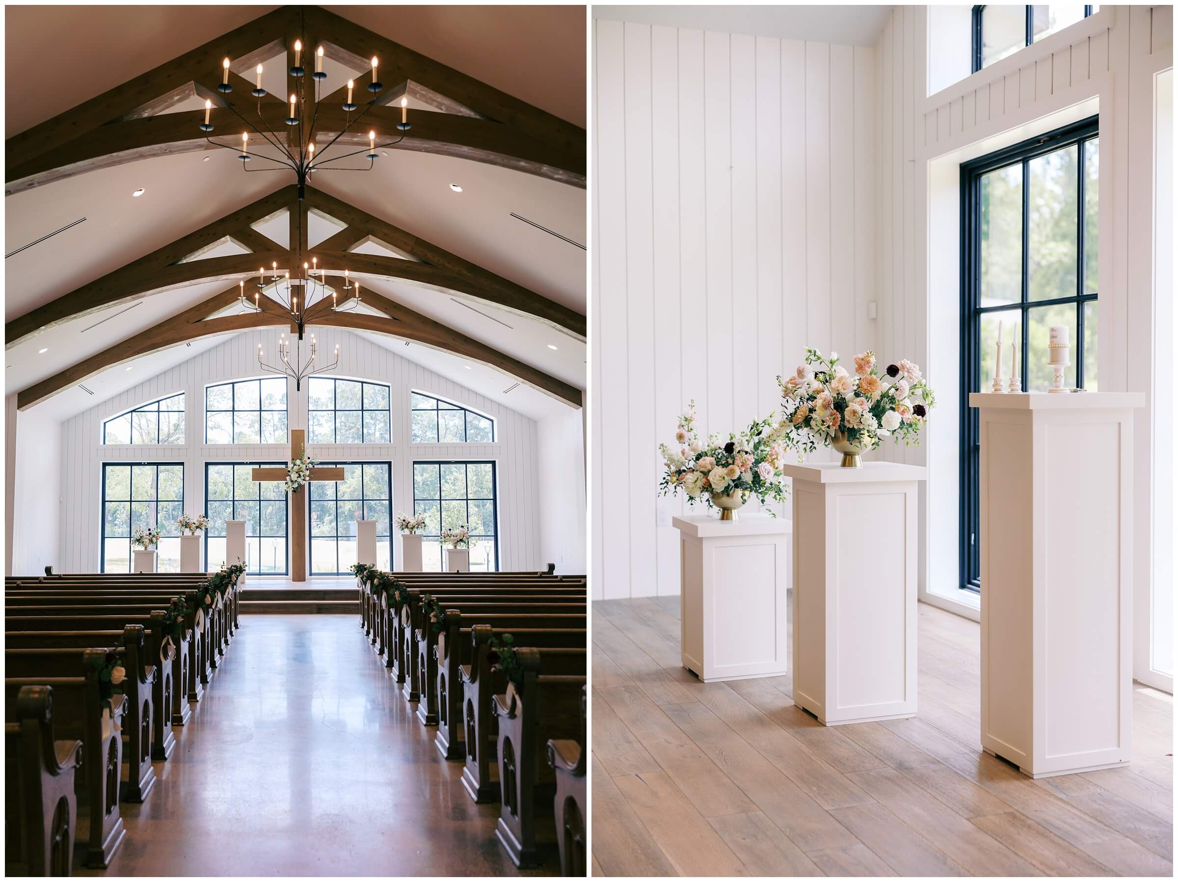 Ceremony space at The Blue Magnolia featuring colorful florals by Rose and Rae.