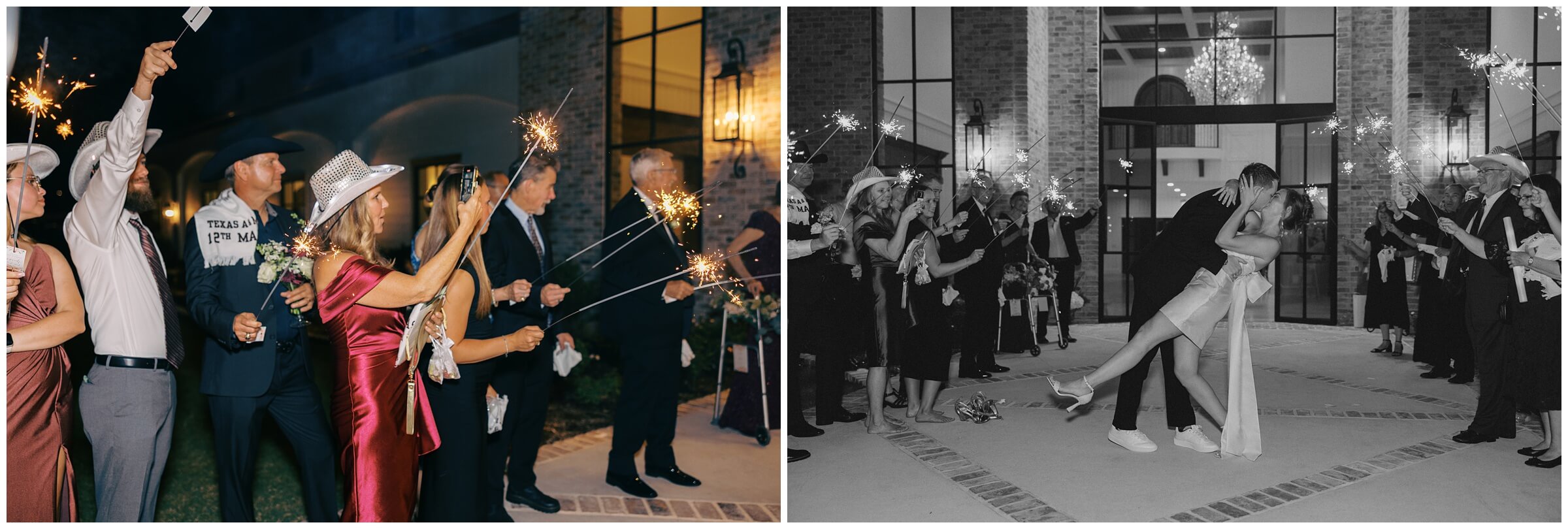 Sparkler exit at The Blue Magnolia with guests cheering for Maddie and Tucker.
