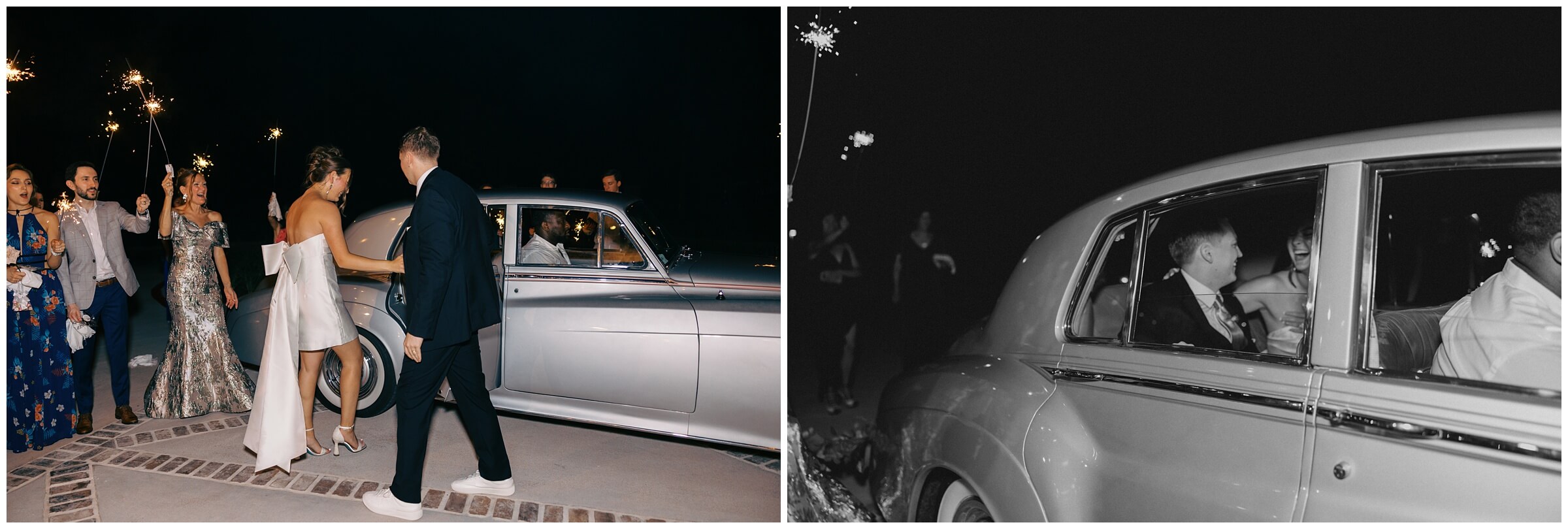 Vintage getaway car from Royal Coach Classic parked outside The Blue Magnolia wedding venue.