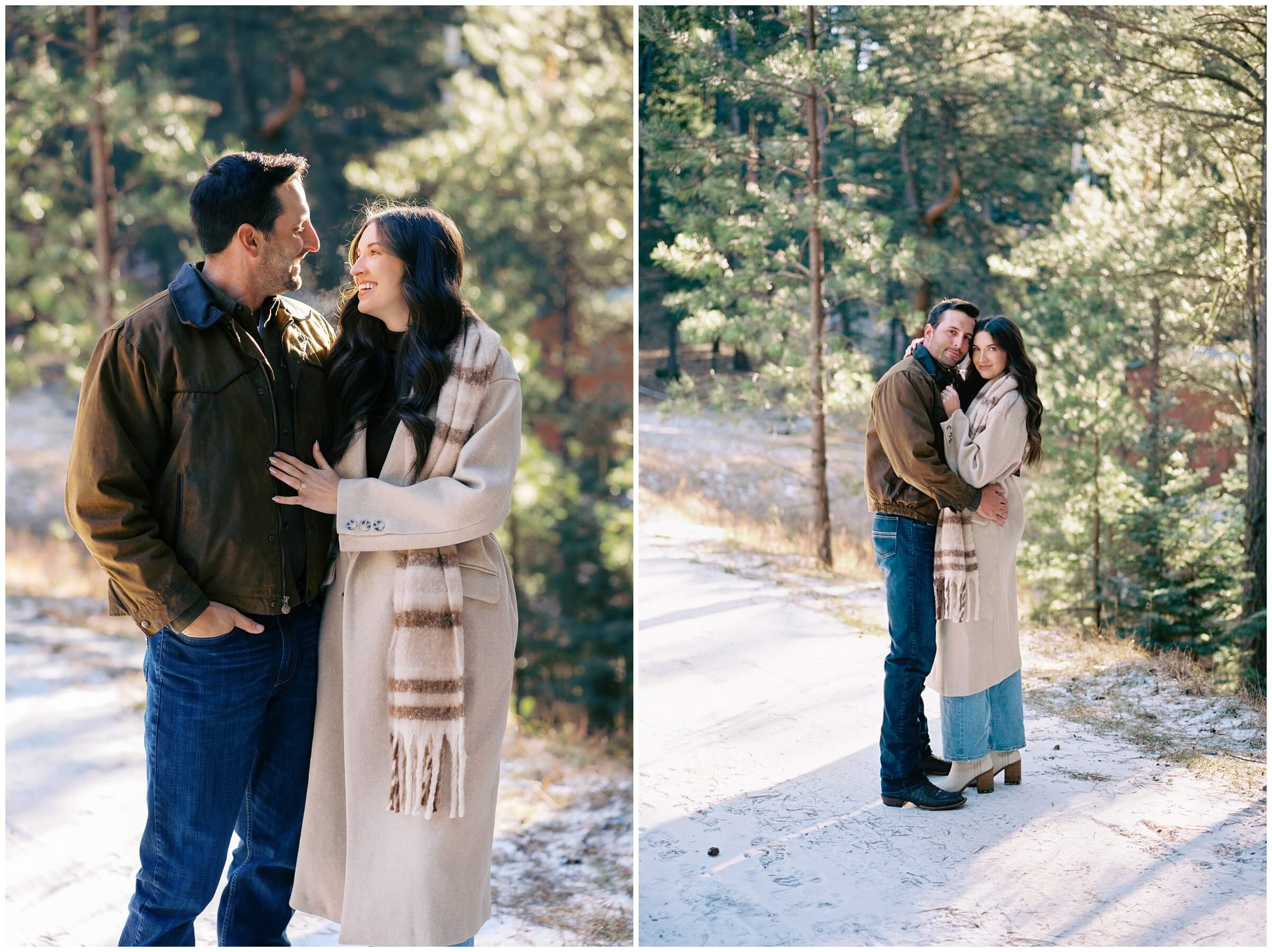 A couple smiles together in the mountains of New Mexico.