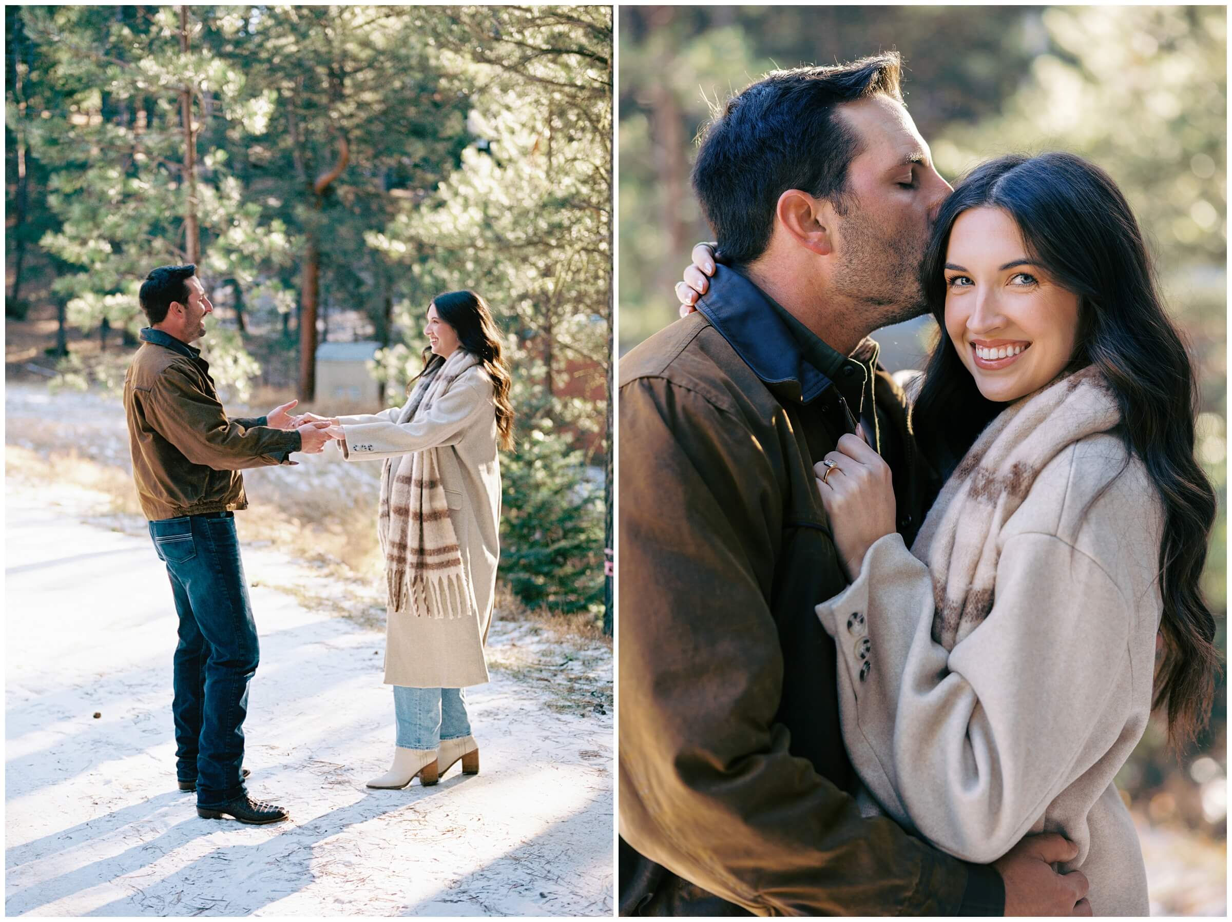 A couple smiles together in the mountains of New Mexico.