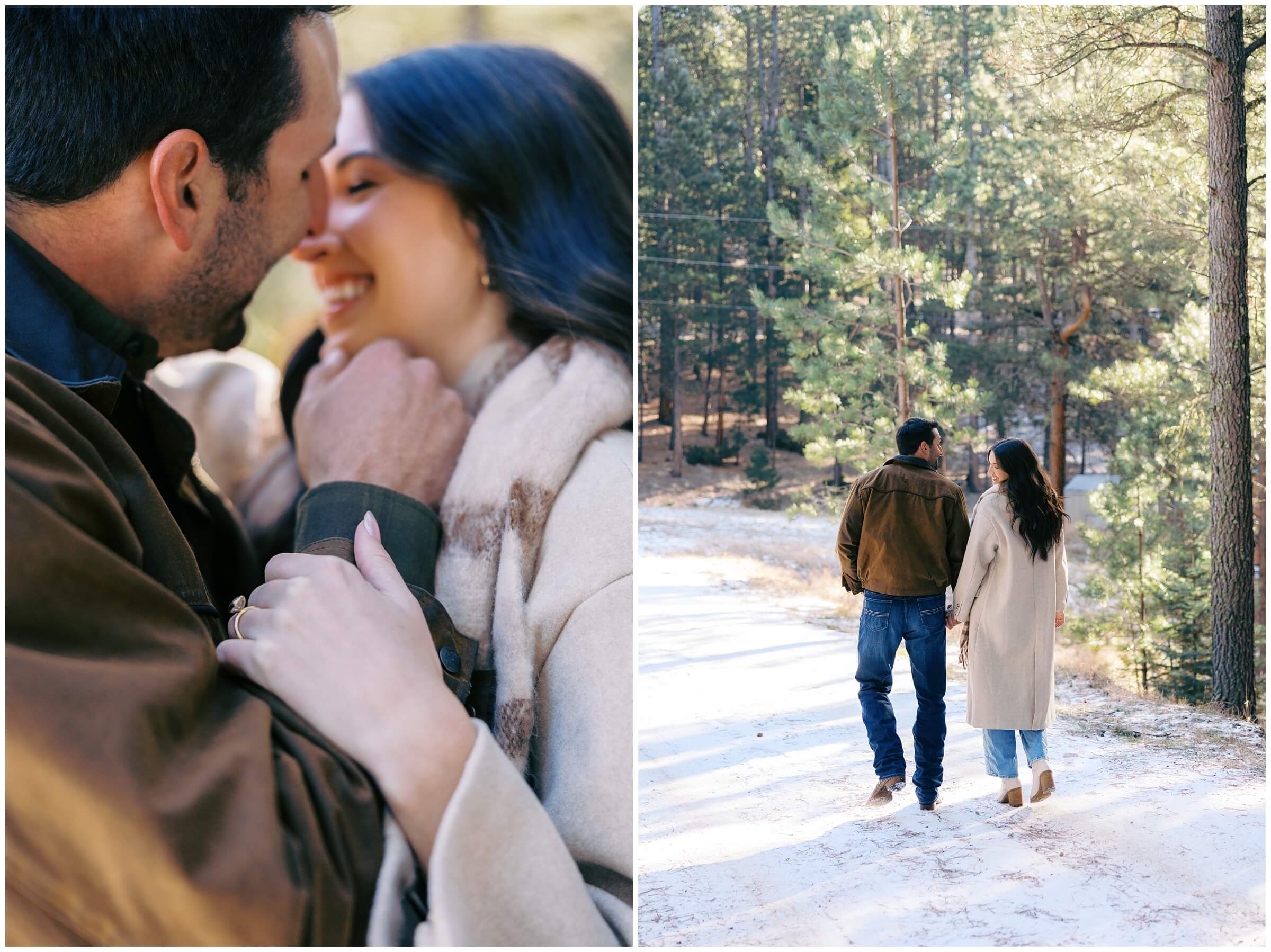 A couple walks hand in hand, in the mountains of New Mexico.