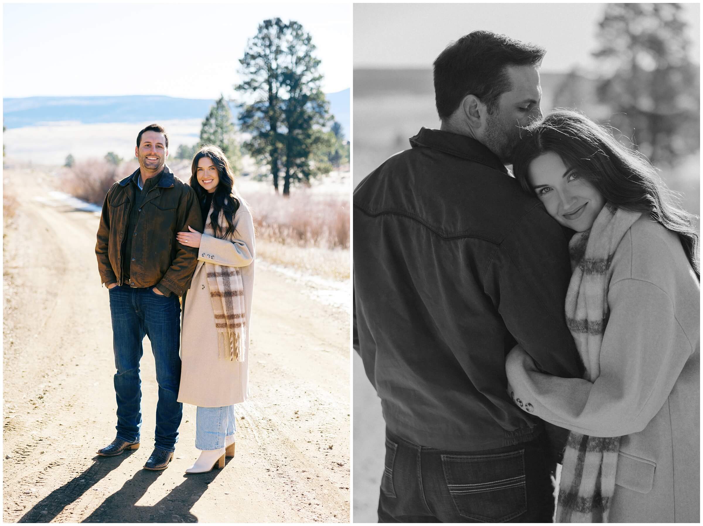 A couple smiles together during their  mountain engagement session in the mountains of New Mexico.