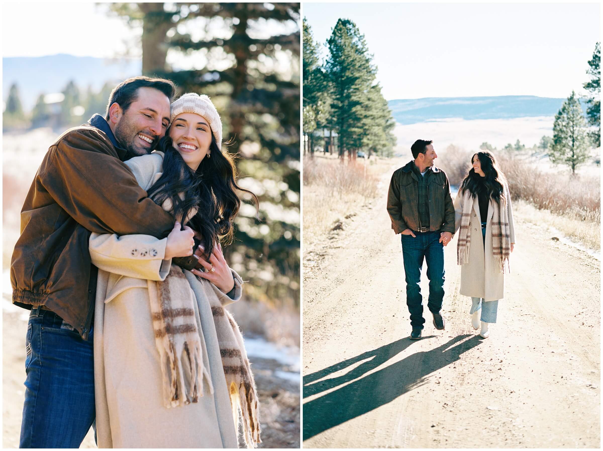 A couple smiles together during their  mountain engagement session in the mountains of New Mexico.