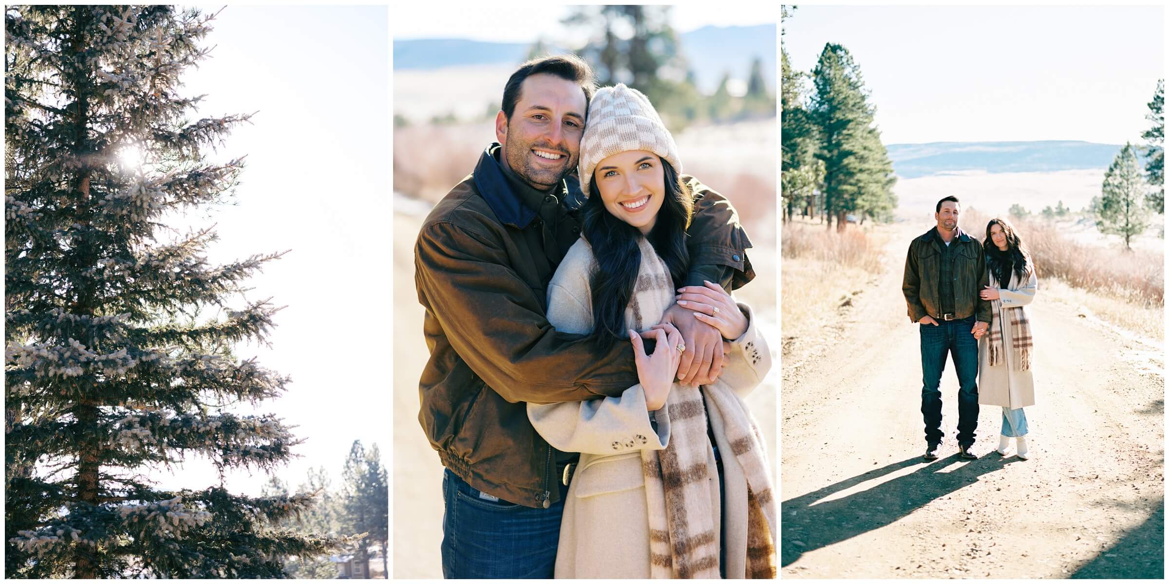 A couple smiles together during their  mountain engagement session in the mountains of New Mexico.