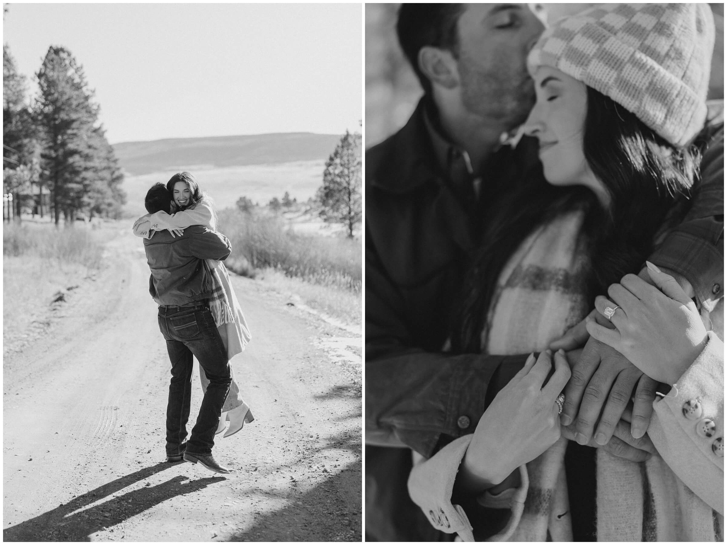 A couple twirls together during their  mountain engagement session in the mountains of New Mexico.