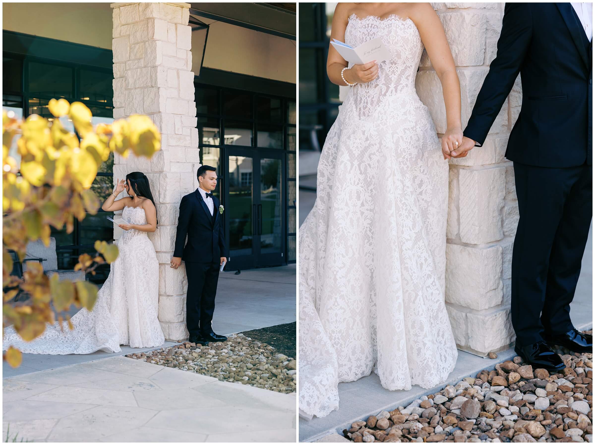 a bride and groom share a first touch and private vows at the omni barton creek