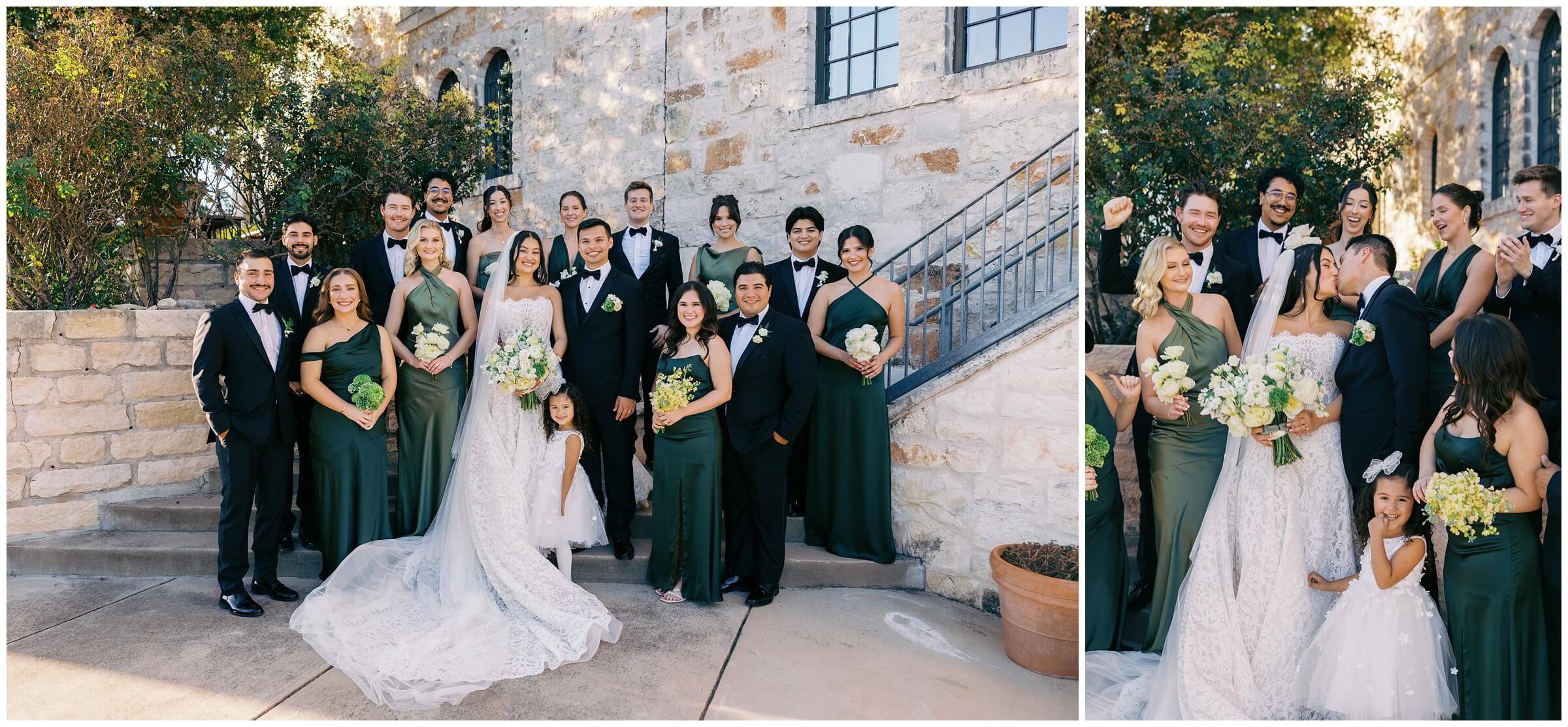 A bride and groom celebrate with their wedding party in Austin, Texas
