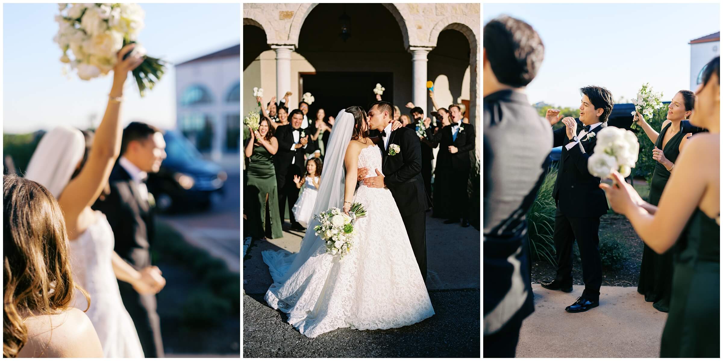A bride and groom celebrate with their wedding party in Austin, Texas