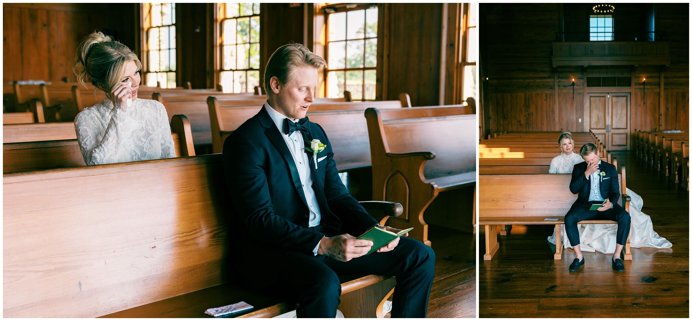 A first look between the bride in groom at the chapel at top of the rock in branson, missouri